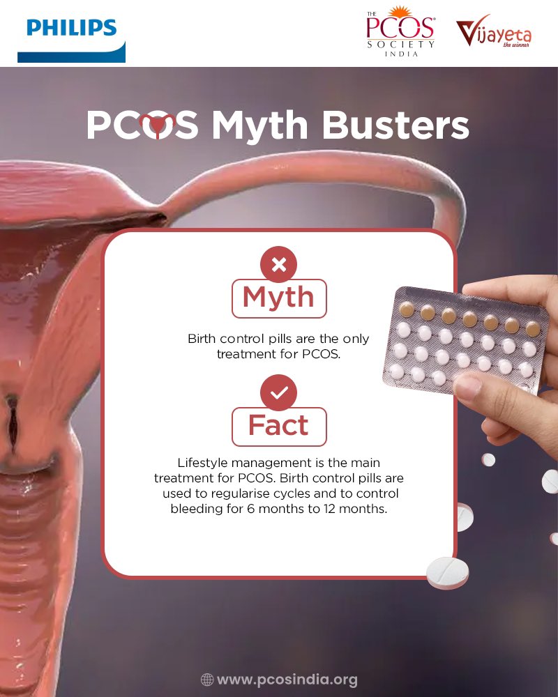 ThePCOS_India's tweet image. Busting the PCOS myths!

PCOS treatment isn&apos;t a one-size-fits-all with just birth control – lifestyle changes, diet, and medications are powerful allies in the healing journey. 

 #pcosmyth #mythbusting #pcossupport #pcosawareness #pcosmythsandfacts #pcosmythbusting