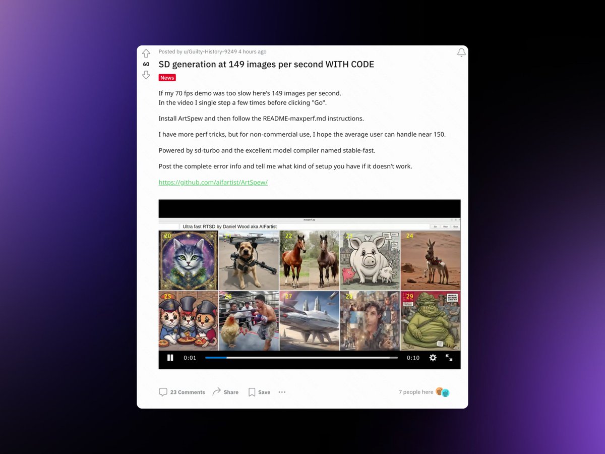 这个 Reddit 老哥吧 SD 图片生成速度提高到了每秒 149 张，前几天 60fps 还是奢望呢，现在都能 144fps 了。
用了sd-turbo 和stable-fast 模型编译器，还有个随机生成提示词的工具ArtSpew。

来源：reddit.com/r/StableDiffus…
