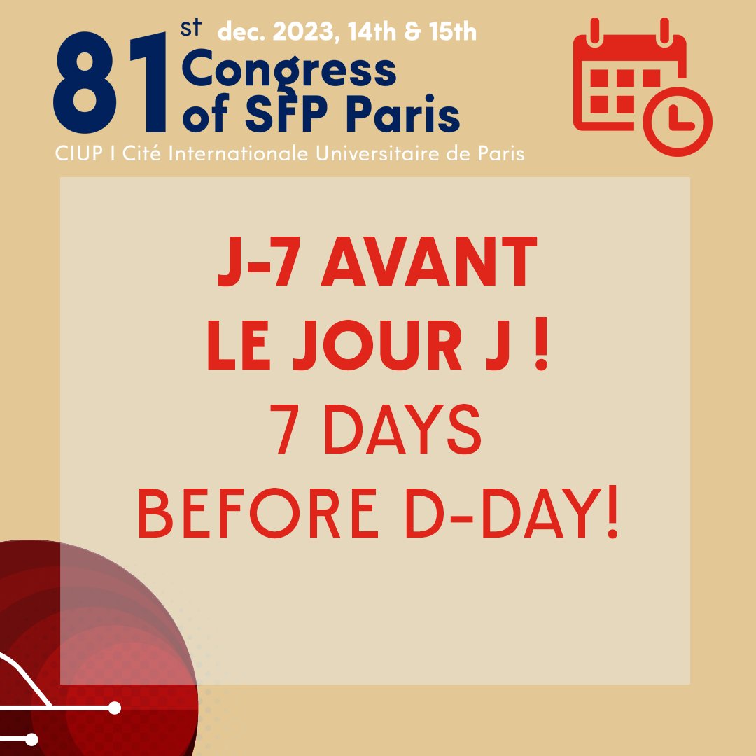 🚨 7 DAYS BEFORE D-DAY!
Last chance to register and benefit from online registration rates
👉As a reminder, on site registrations are increased

Register: sfpcongres.com/en/registratio…
Program: sfpcongres.com/en/program/ 

#sfpcongress #Vascular #SFP #Phlebology #Congress