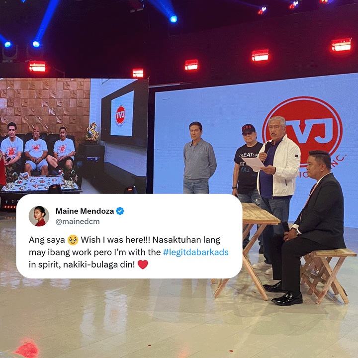 News5PH's tweet photo. 'IN SPIRIT, NAKIKI-BULAGA DIN! ❤️'

Nagpakita ng suporta si Maine Mendoza kina Tito Sotto, Vic Sotto, Joey de Leon #TVJ at #LegitDabarkads kahit wala siya sa idinaos na press conference ukol sa "Eat Bulaga!" trademark. #News5 https://t.co/i6lUCYr6ae