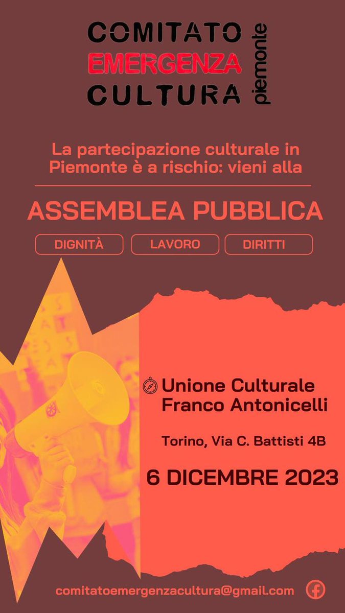Oggi, dalle 17, assemblea pubblica del Comitato Emergenza Cultura in Unione culturale (via C. Battisti 4b). Le ragioni dell'incontro potete leggerle anche qui: torino.repubblica.it/cronaca/2023/1…