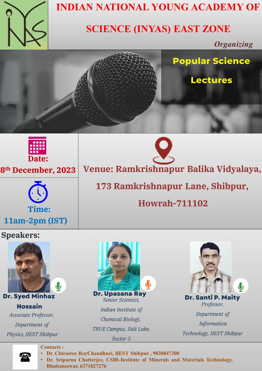 nishichakra's tweet photo. Join us for an inspiring day of science exploration at the "Popular Science Lectures for High School Girls" organized by INYAS East Zone on 8th December from 11:30 am to 2:30 pm!
@INYAS_INSA @GlobalYAcademy @IndiaDST https://t.co/Jg6LDERWPa