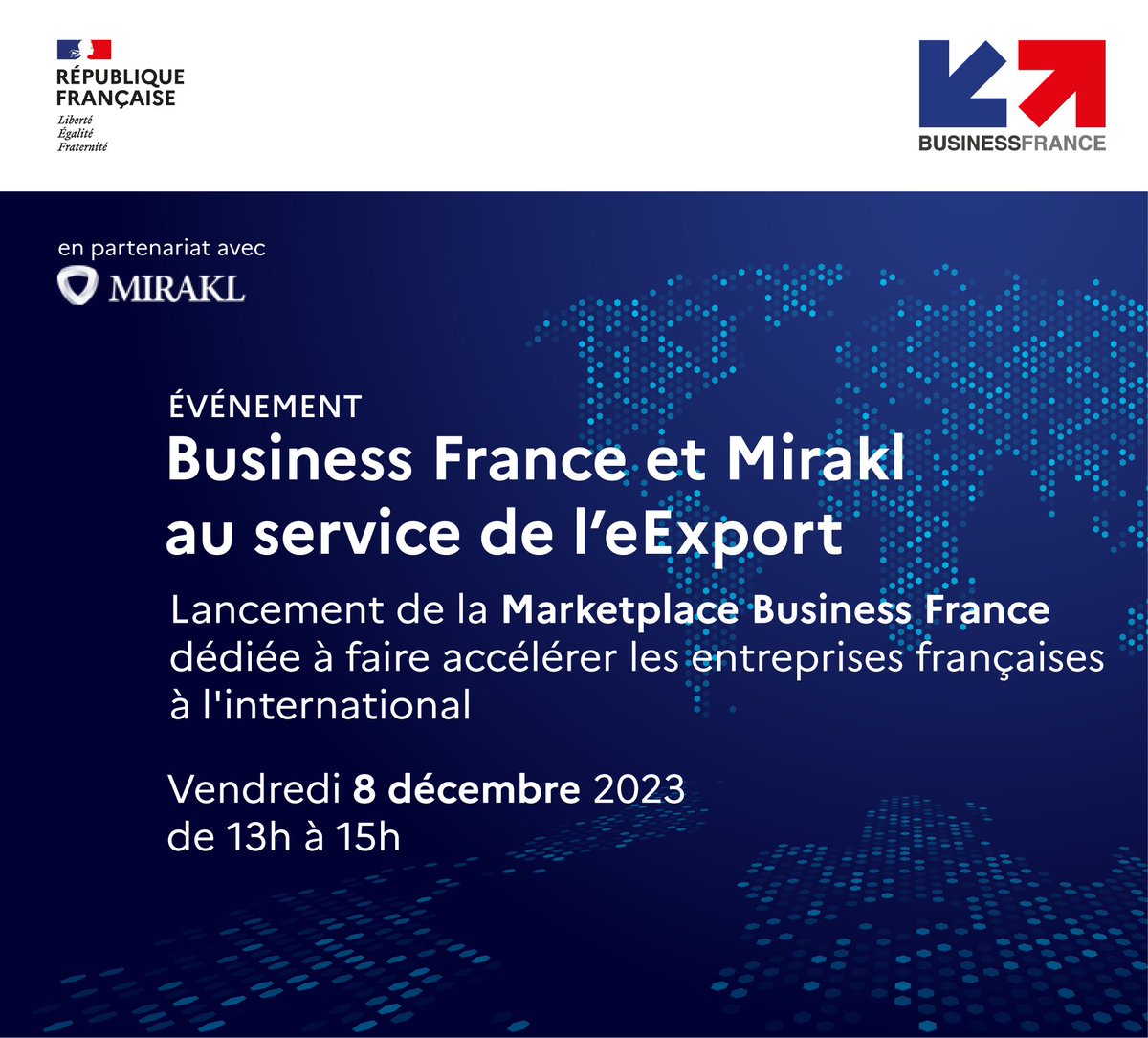 J- 2 avant le lancement de la Marketplace Business France 🗓 Nous nous sommes associés à @Mirakl_FR pour créer une solution innovante dédiée à favoriser la digitalisation et le développement à l’international des PME et ETI 🇫🇷. RDV le 8/12 pour une démo officielle.📲