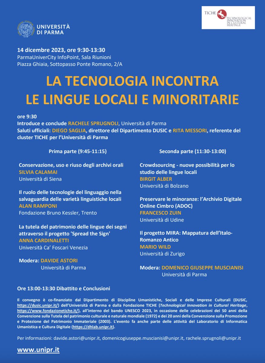 LabIUCD (@labiucd) on Twitter photo "La tecnologia incontra le lingue locali e minoritarie", evento co-finanziato da <a href="/unipr/">UniversitĂ di Parma</a> e Fondazione TICHE: dhlab.unipr.it/?p=1804
PossibilitĂ di partecipare da remoto (modulo aperto fino al 12/12): forms.office.com/e/mPubsG1eMp "La tecnologia incontra le lingue locali e minoritarie", evento co-finanziato da <a href="/unipr/">UniversitĂ di Parma</a> e Fondazione TICHE: dhlab.unipr.it/?p=1804
PossibilitĂ di partecipare da remoto (modulo aperto fino al 12/12): forms.office.com/e/mPubsG1eMp