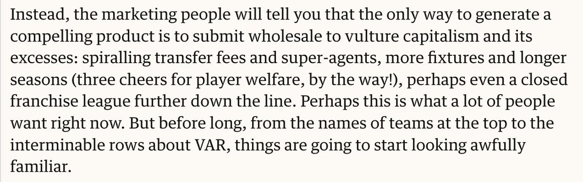 Read this from Jonathan Liew on the dangers of women's ⚽️ turning into men's ⚽️. The same spin is being applied to English dom cricket. Driving change is hard, always. V hard in county cricket. But must not slavishly parrot the motives of the vested few theguardian.com/football/2023/…