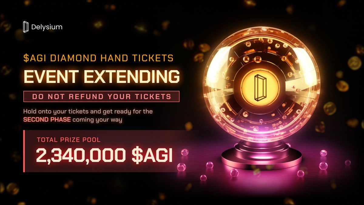 The $AGI Diamond Hand Lottery Event Isn't Over Yet!

Hold onto your tickets and get ready for the second phase coming your way.

A staggering 2,340,000 $AGI prize pool awaits, with 2,808 winners to be selected.

📌 Do not refund your tickets to stay eligible for the upcoming