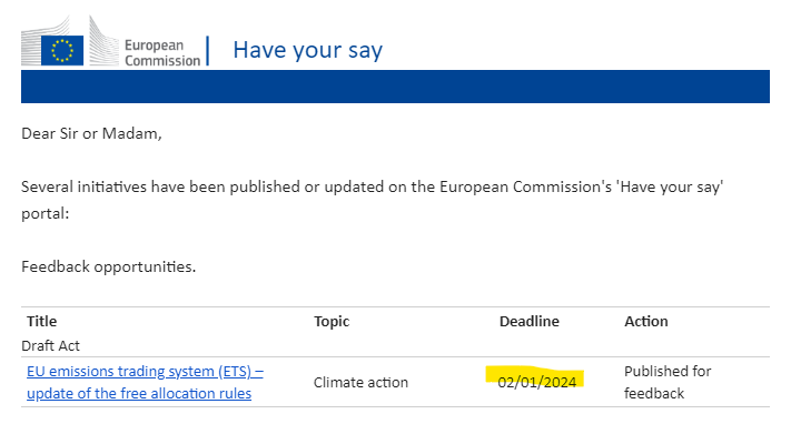 Seriously EU Commission?  

You must be kidding, burying a vital feedback round on policymaking for free ETS pollution subsidies in end-of-year holidays. 

Undermining transparency and public participation goes against Better Regulation principles.

 @EUClimateAction #EUETS #OCTT