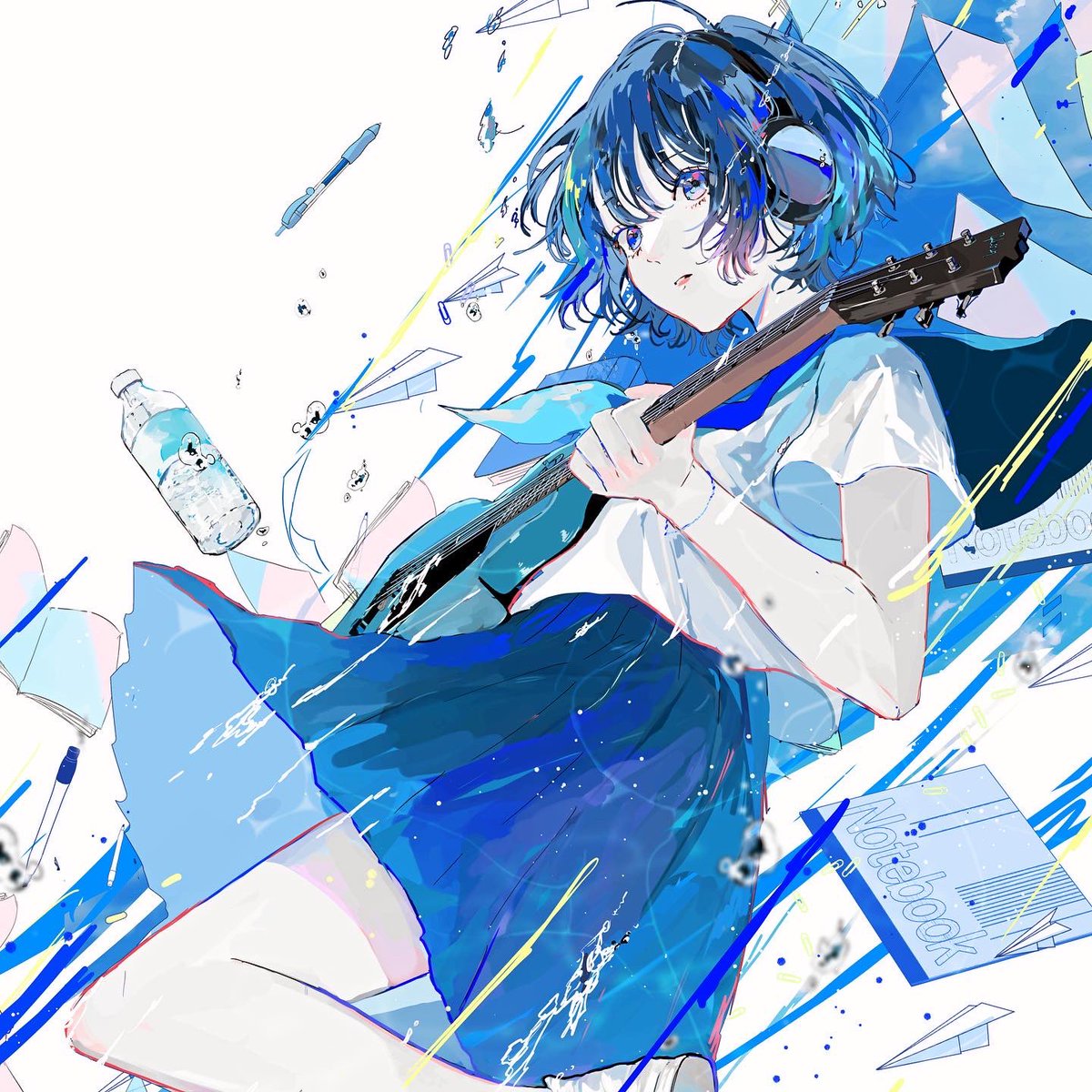 1girl instrument solo skirt guitar bottle short hair  illustration images