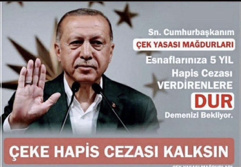 <a href="/av_nurettinalan/">Nurettin Alan</a> Esnafın sesini duyun ! Aksi takdirde hapishaneler suçlularla değil esnaflarla dolacak.
5941 sayılı çek kanununun düzenlenmesi değil hapis cezasının kaldırılması için destek olun!!!!
#CEKEHAPİSCEZASIKALKSIN <a href="/RTErdogan/">Recep Tayyip Erdoğan</a> <a href="/mehmedmus/">Dr. Mehmet Muş</a> <a href="/BY/">Binali Yıldırım</a> <a href="/YildizFeti/">Feti Yıldız</a> <a href="/yilmaztunc/">Yılmaz TUNÇ</a> <a href="/dbdevletbahceli/">Devlet Bahçeli</a>