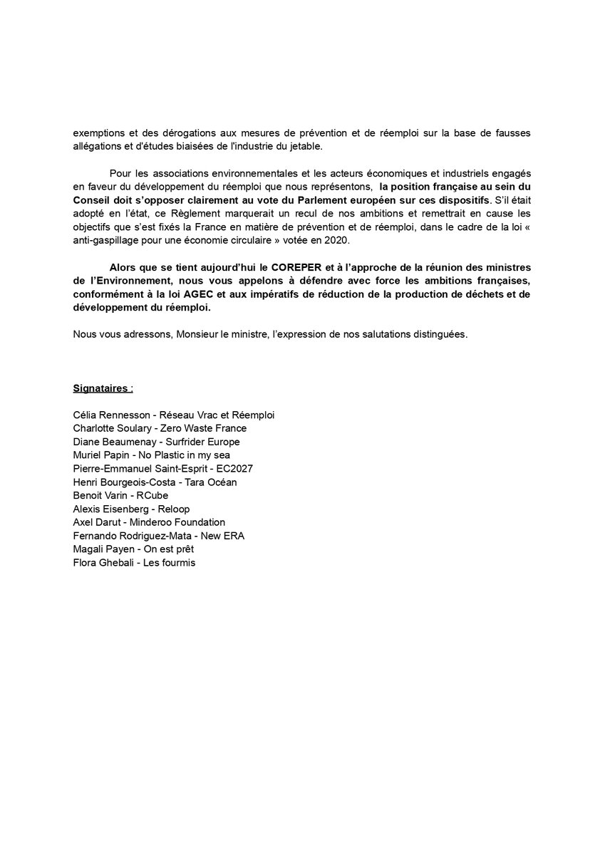 Après le vote très décevant sur les emballages au Parlement européen, on monte au créneau avec le Collectif Réemploi pour demander à @ChristopheBechu de défendre le #réemploi en Europe ✊