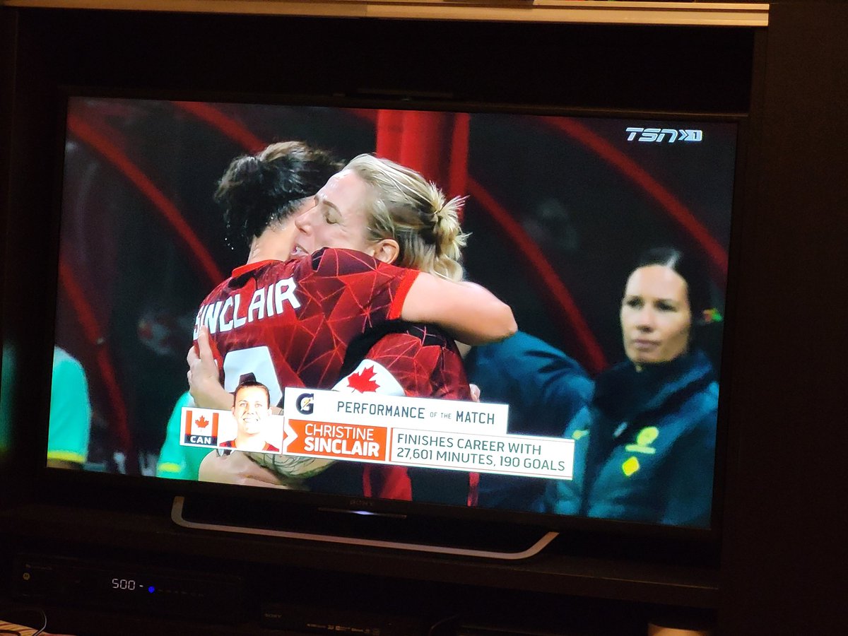 PeterFastCanada's tweet photo. Congrats to Christine Sinclair on her last international match. What a career - 190 international goals! And also congrats to Sophie Schmidt, another exceptional Canadian soccer player retiring from international play following tonight's match against Australia. https://t.co/pJkDm8F12v