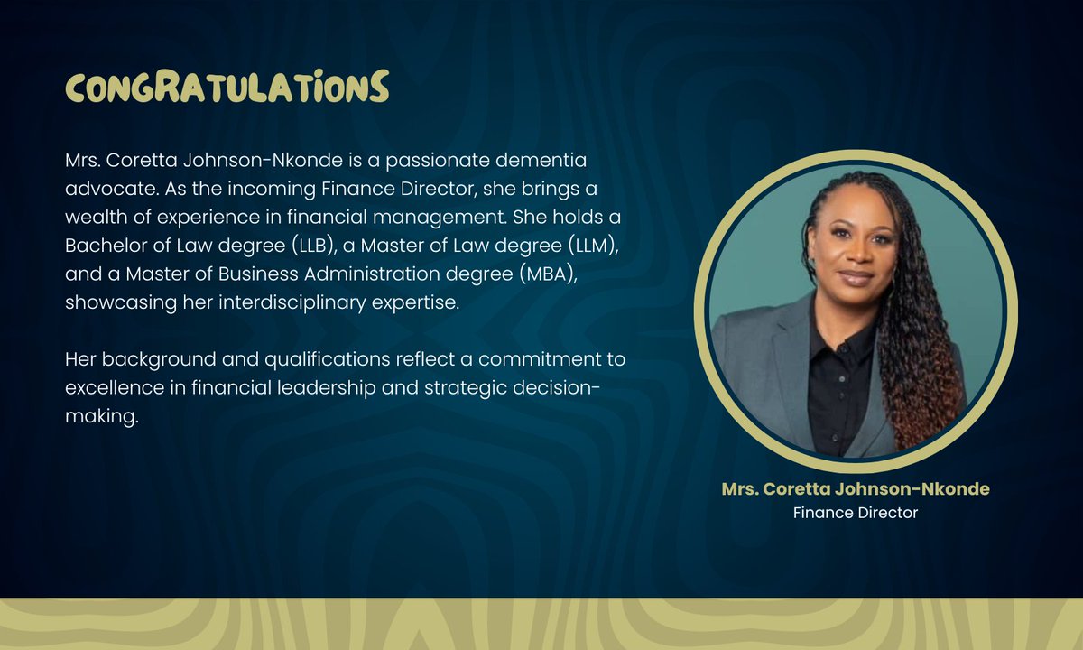 ADDIZambia's tweet photo. 𝐌𝐄𝐄𝐓 𝐎𝐔𝐑 𝐁𝐎𝐀𝐑𝐃 𝐌𝐄𝐌𝐁𝐄𝐑𝐒🍀

Mrs. Coretta Johnson Nkonde is a passionate dementia advocate. As the incoming Finance Director, she brings a wealth of experience in financial management. https://t.co/ov7oFuTM0r