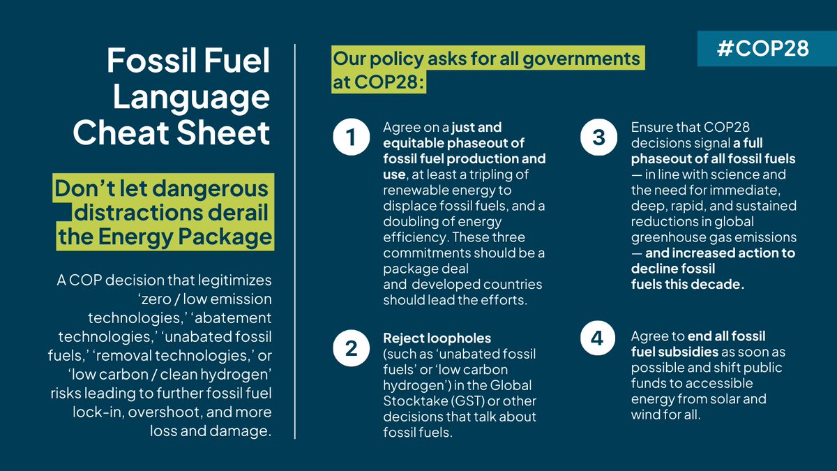 Confused about fossil fuel phase out language and the energy package at #COP28? Here’s your cheat sheet: