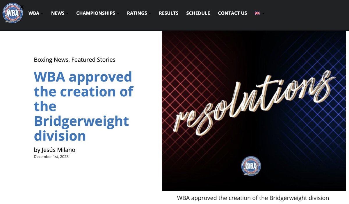 BoxingReform's tweet image. When announcing their new and unwanted "Super Cruiserweight" division, @WBABoxing sloppily called it the "Bridgerweight" division multiple times in their own press release! Bridgerweight is @WBCBoxing's bad idea to create an 18th division in #boxing. 1️⃣8️⃣!
wbaboxing.com/boxing-news/wb…