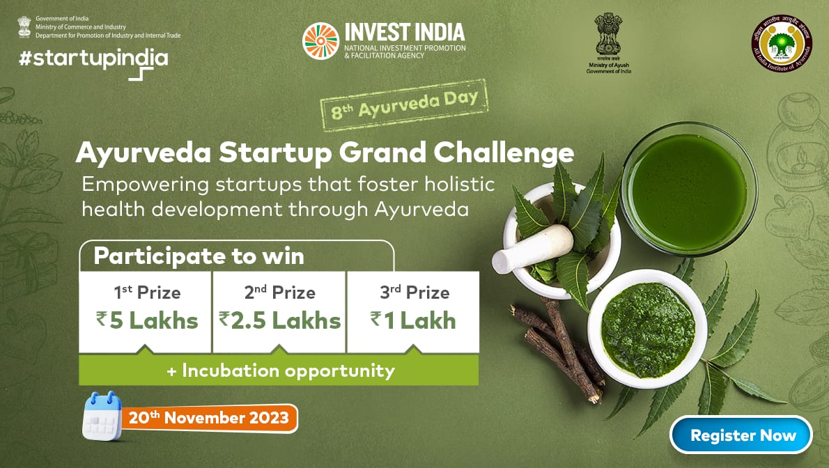 Ayurveda Startup Grand Challenge
===========================

The MinistryofAyush and All India Institute of Ayurveda, in collaboration with StartupIndia and InvestIndia, has introduced the Ayurveda Startup Grand Challenge on the occasion of the 8th Ayurveda Day.

- This