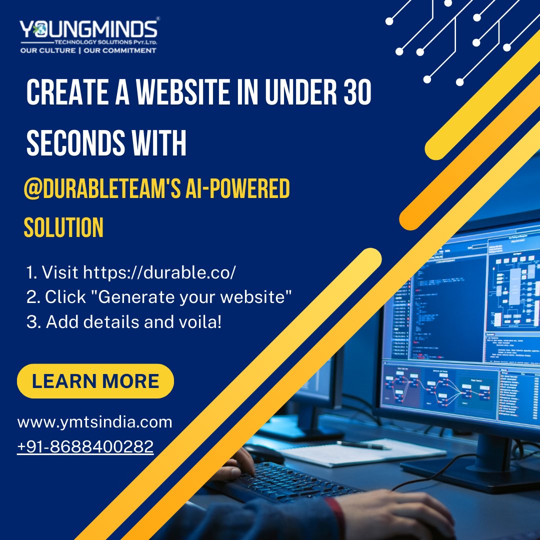 ymtsindia's tweet image. 🚀 Create a website in under 30 seconds with @Durableteam&apos;s AI-powered solution. Here&apos;s how:
1. Visit durable.co
2. Click &quot;Generate your website&quot;
3. Add details and voila! 🪄
#WebDevelopmentRevolution #AIWebsiteCreation #DurableTeam #EffortlessWebsites  #ymtsindia