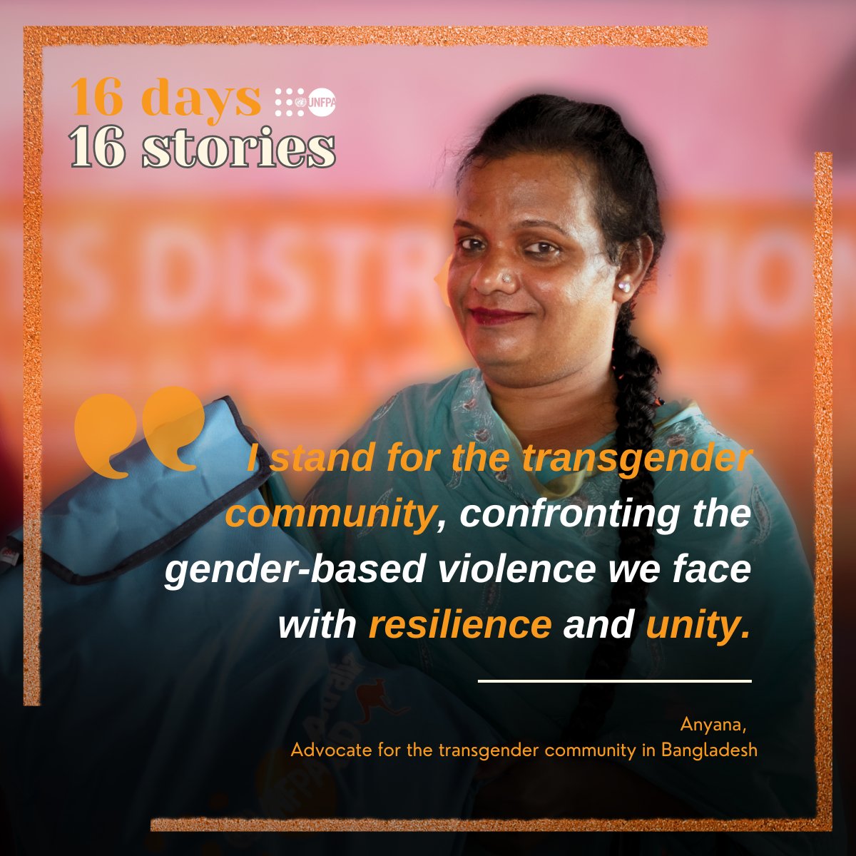 UNFPABangladesh's tweet photo. Day 12: Anyana, a leader for Bangladesh's transgender community, established 'Shopner Chowa Shomajkollan Sangstha' to boost their skills and combat gender violence. 

Her work reminds us that true equality is about respect and safety for everyone. #16DaysOfActivism #FRONTLINEHERO https://t.co/u47nKY8LzN