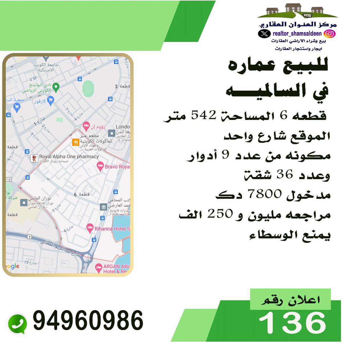 RealtorShms's tweet image. #للبيع في #السالميه
#عماره 524 م شارع واحد 
عباره عن ٩ ادوار و ٣٦ شقه 
المدخول: ٦٨٠٠ د.ك 

السعر: مليون و ٢٥٠ الف د.ك 

خالد شمس الدين 
مركز العنوان العقاري 
94960986

#عقارات #عقار #الكويت #ايجار #استثمار #تسويق #العاصمة #حولي #الجهراء #الفروانية #الاحمدي #مبارك_الكبير
