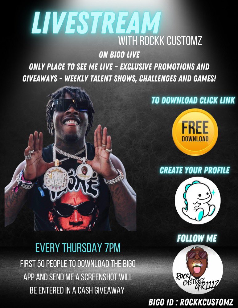 Rockkcustomz's tweet photo. YEA YEA YEA you can now catch me live every week hosting talent shows, giveaways, exclusive lives and much more on @bigolive.usa !!!

(WINNERS WILL BE PICKED ON MY BIGO LIVES) Good luck and Thank you for the support. #Rockkcustomz

https://t.co/m8l1k7hvqN https://t.co/FfmJWKTTh0