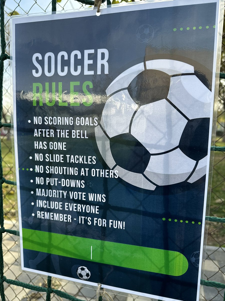 I love the elementary soccer rules for their soccer field. FIFA could take this advice. #tashschool #challenge #connect