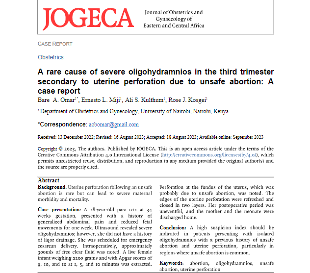 jogecajournal's tweet photo. A rare cause of severe oligohydramnios in the third trimester secondary to uterine perforation due to unsafe abortion: A case report by Drs. Bare A. Omar, Miji L. Ernesto, Rose J. Kosgei, Kulthum S. Ali
> https://t.co/H16hekSW34
#JOGECA #OBSTETRICS https://t.co/IgAODrPJgN