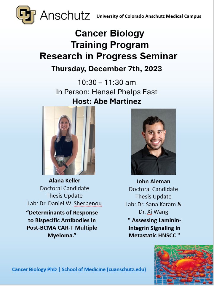 CU Anschutz Cancer Biology Graduate Program (@cucancerbio) on Twitter photo See you on Thursday for our next RIP! <a href="/AlanaKelScience/">Alana (Keller) Hoey, PhD</a> <a href="/DanielSherbenou/">Daniel Sherbenou, MD, PhD</a> <a href="/KaramLab/">Sana Karam, MD, PhD</a> #BestYouCANB See you on Thursday for our next RIP! <a href="/AlanaKelScience/">Alana (Keller) Hoey, PhD</a> <a href="/DanielSherbenou/">Daniel Sherbenou, MD, PhD</a> <a href="/KaramLab/">Sana Karam, MD, PhD</a> #BestYouCANB