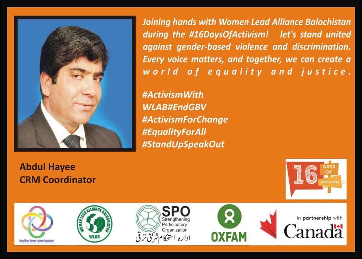 Let's join hands with #WLAB on this #16DaysOfActivism. Our Core Supporter Mr. <a href="/AbdulHa06519089/">Advocate Abdul Hayee</a> is always ready to render its services for the elimination of 👇
#EndGBV 
#ActivismForChange
#EqualityForAll 
#StandUpSpeakOut 
<a href="/OxfaminPakistan/">Oxfam in Pakistan</a> 
<a href="/SanaDurrani9/">Sana Durrani</a>