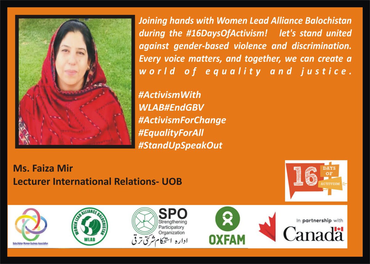 Let's join hands with #WLAB on this #16DaysOfActivism. Our Core Supporter Ms. Fiza Mir is always ready to render its services for the elimination of 👇
#EndGBV 
#ActivismForChange
#EqualityForAll 
#StandUpSpeakOut 
<a href="/OxfaminPakistan/">Oxfam in Pakistan</a> 
<a href="/SanaDurrani9/">Sana Durrani</a>
