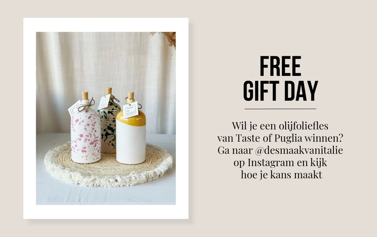 Free gift day! Vandaag geven we 3 olijfolieflesjes weg van Taste of Puglia. Je kan kiezen uit de kleuren roze, groen of geel. Ga naar instagram.com/desmaakvanital… en kijk hoe je kans maakt. #tasteofpuglia #freegift #desmaakvanitalie #woensdagwindag