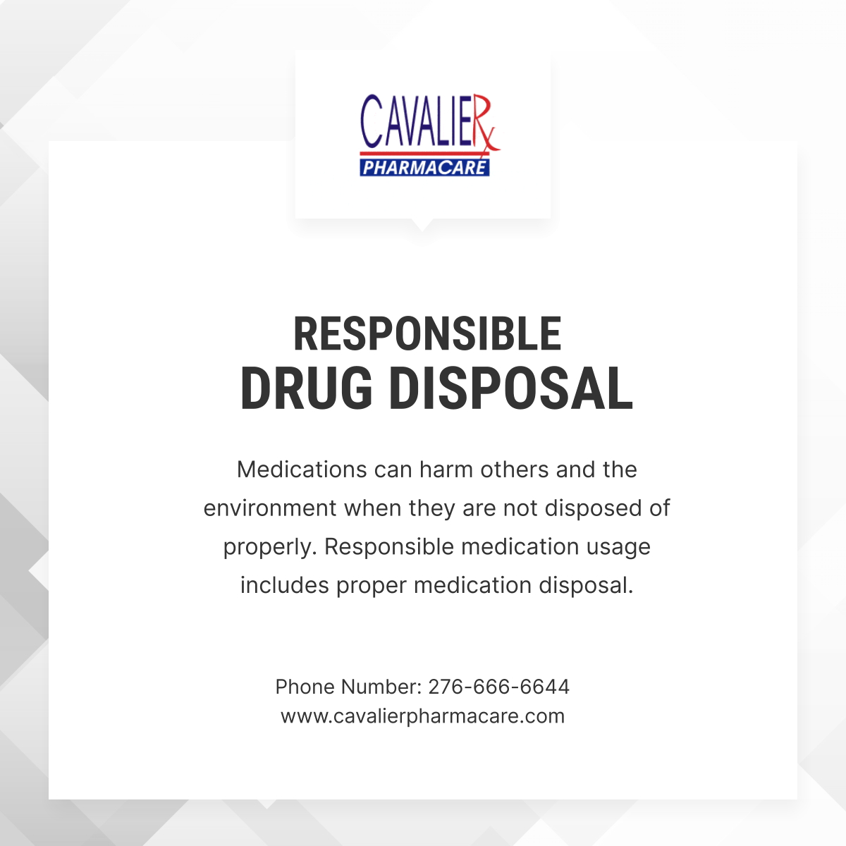 Disposing of your medications properly is a major part of responsible medication usage. Make sure you work with the right people to dispose of your unused medication the right way.

#MartinsvilleVA #PharmacyServices #DrugDisposal
