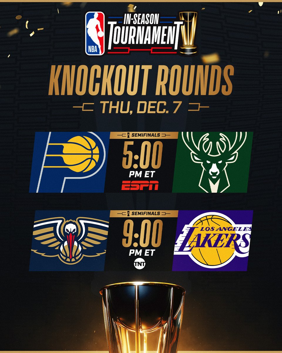 NBA's tweet photo. 🏆 THE SEMIFINALS ARE SET 🏆

It's all going down in Las Vegas... the first-ever NBA In-Season Tournament Knockout Rounds continue with the Semifinals on Thursday on ESPN and TNT!

Be a part of NBA history! Get your tickets to the semifinals and championship games in Las Vegas this Thursday and Saturday, today.

🎟️: https://t.co/XDSg3JYhK0