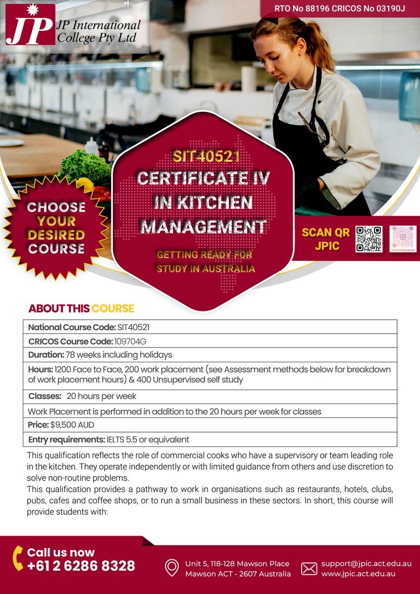 JP International College (@jpinternation15) on Twitter photo SIT40521 Certificate IV in Kitchen Management
For more information:
jpic.act.edu.au
marketing@jpic.act.edu.au
+61 262868328
#JPIC
#StudyInAustralia
#HospitalityEducation
#CanberraCollege
#GlobalHospitality SIT40521 Certificate IV in Kitchen Management
For more information:
jpic.act.edu.au
marketing@jpic.act.edu.au
+61 262868328
#JPIC
#StudyInAustralia
#HospitalityEducation
#CanberraCollege
#GlobalHospitality