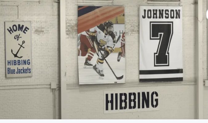skingsbu14's tweet photo. Tonight, #AdamJohnson jersey was retired in our hometown of Hibbing, Minnesota 💙🏒he will always be the hometown hero💙 #RIP7 #RIPAJ https://t.co/igcN6ZH5sd