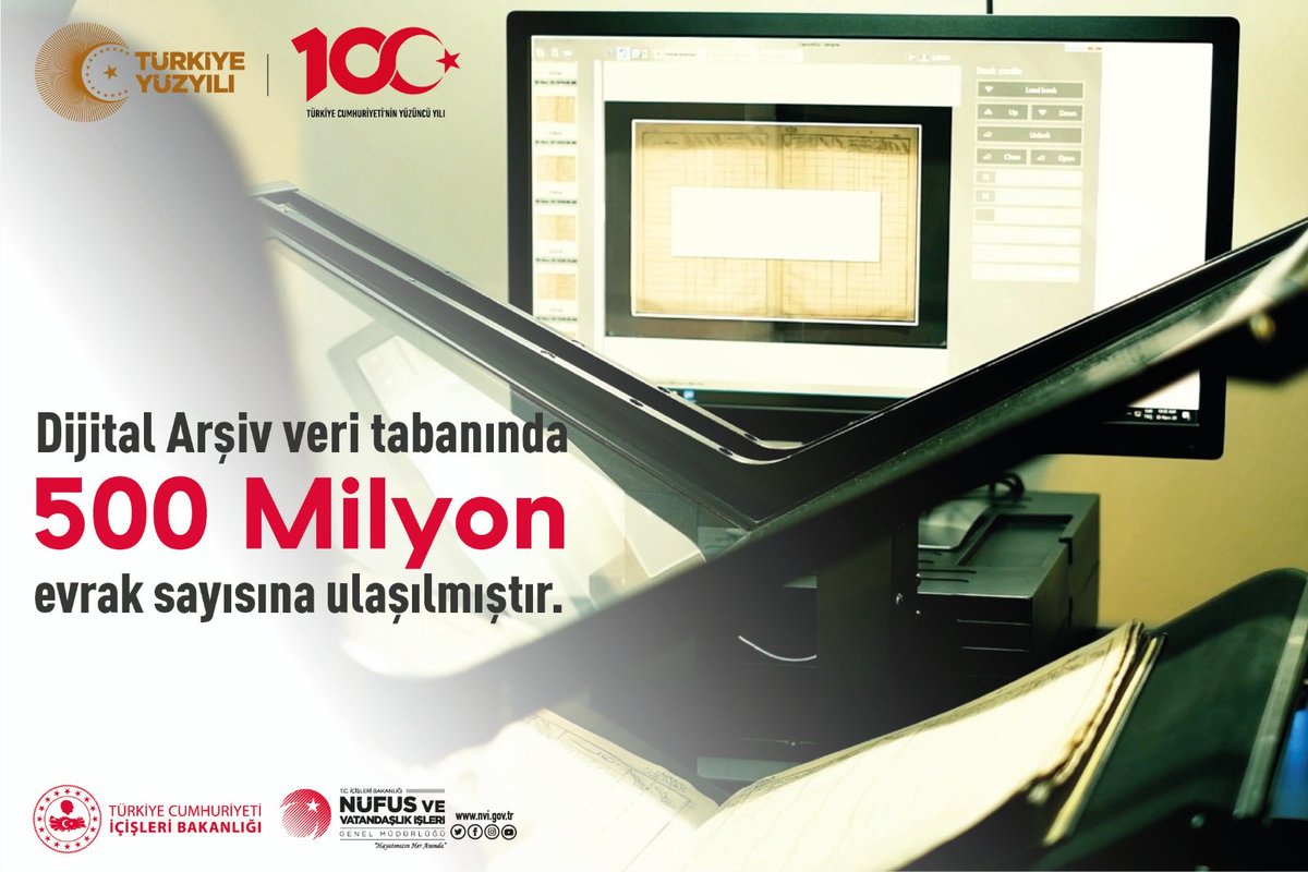 Arşivlerimizde bulunan belgelerin yok olmasını engelleyerek korunmasını sağlayan Nüfus Dijital Arşiv Projemiz ile 5️⃣0️⃣0️⃣ milyon belge dijital arşive aktarılmıştır. ✅

#HayatınızınHerAnında