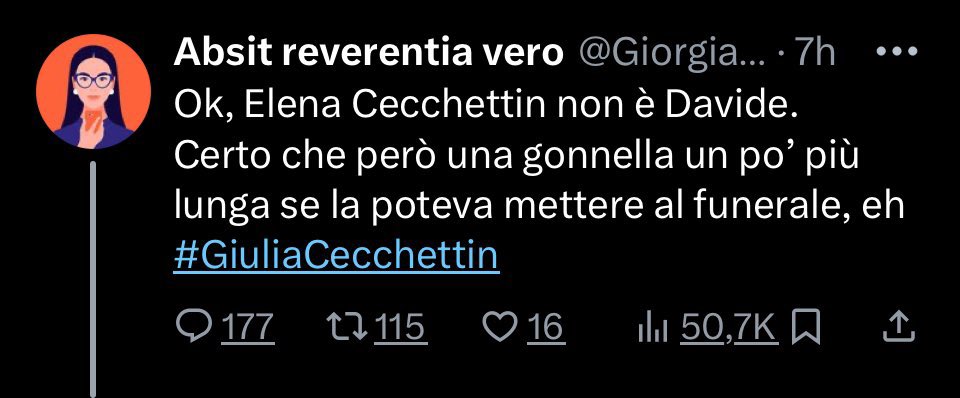 Guardano il funerale di Giulia e poi scrivo questo
L’utente sembra una donna, spero sia un fake ma se non lo è sono fortunato a non conoscere donne così.
<quando il dolore si misura in base a quante gambe si vedono>
#GiuliaCecchettin #6Dic #6dicembre