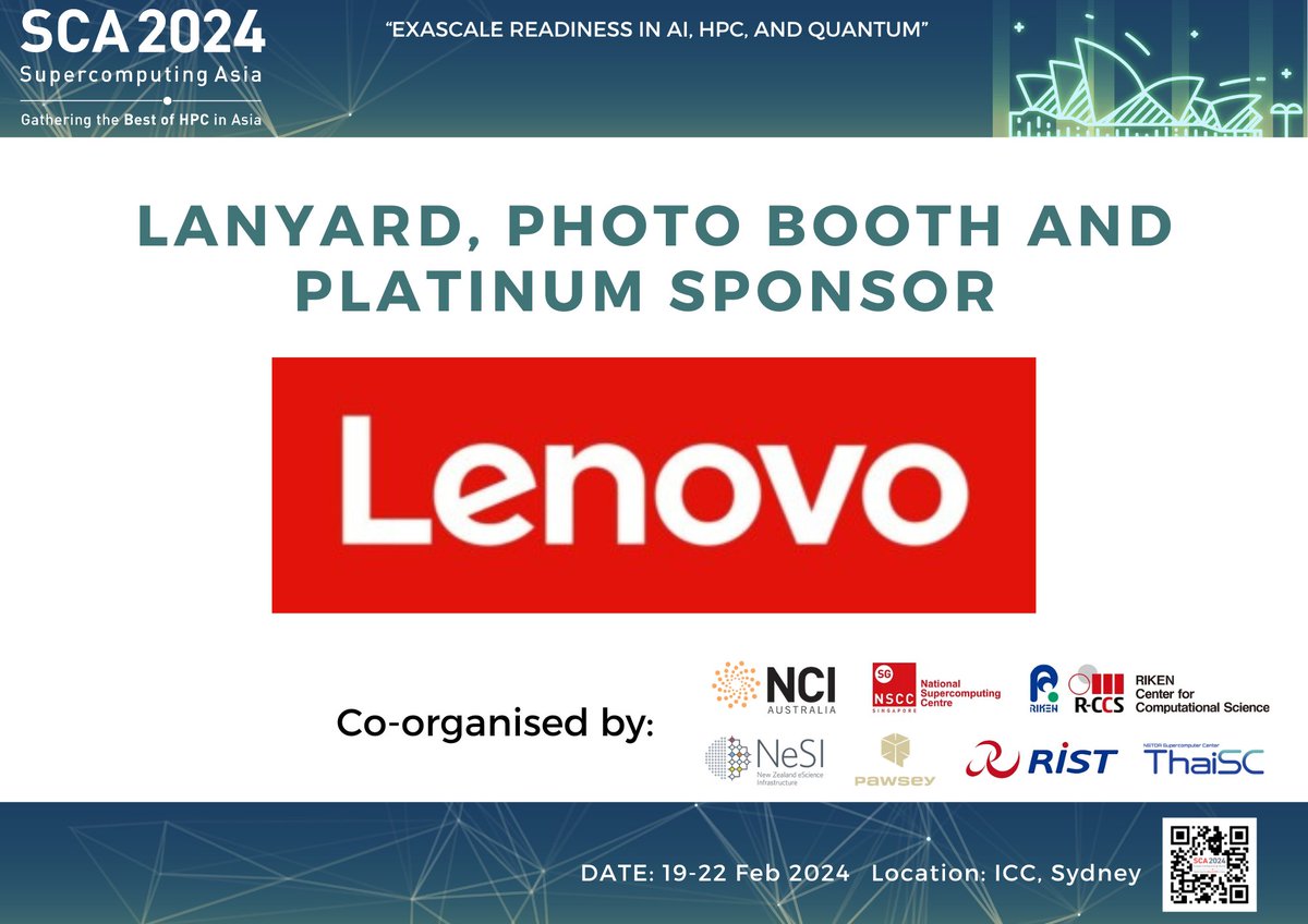 NCInews's tweet image. Big shout-out to our platinum sponsor @Lenovo for also sponsoring the lanyards and the photo booth at SupercomputingAsia 20024! Your support is key to making our event a hit.
#TechEvent #ExascaleComputing #SCA2024