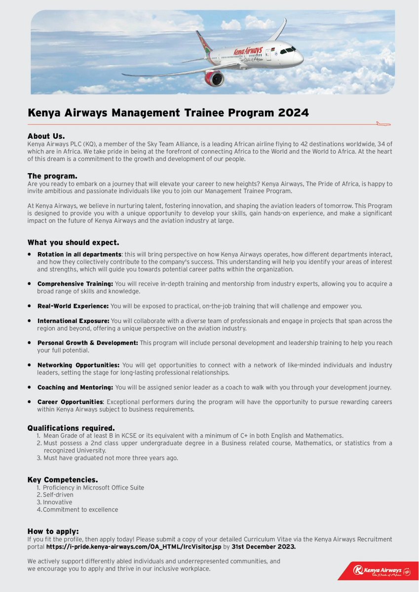 Eric (@amerix) on Twitter photo If you want to be mentored by <a href="/KenyaAirways/">Kenya Airways</a> and work in the aviation industry,
— Apply to join their management trainee program.
• KCSE B
• C+ in Mathematics, English
• 2nd class upper (Business, Finance, Commerce, Statistics, Economics, Mathematics)
#BetterTogether If you want to be mentored by <a href="/KenyaAirways/">Kenya Airways</a> and work in the aviation industry,
— Apply to join their management trainee program.
• KCSE B
• C+ in Mathematics, English
• 2nd class upper (Business, Finance, Commerce, Statistics, Economics, Mathematics)
#BetterTogether