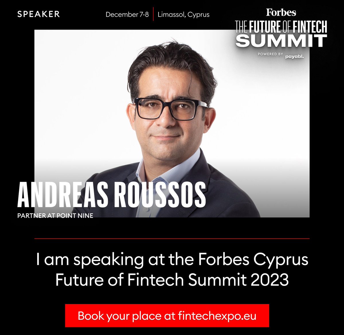 roussosap's tweet photo. I will be speaking at FORBES #fintechsummit2023 for the future of #digitalpayments . Limassol #Cyprus 7 &amp; 8th of December. https://t.co/tUgDqVcOkQ