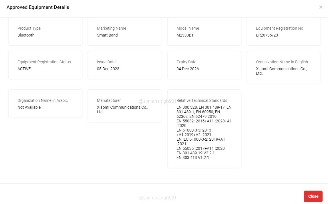simransingh931's tweet image. .📌The Xiaomi Smart Band appears on UAE's TDRA with model code M2333B1. 

#xiaomi #xiaomismartband #smartband #redmi