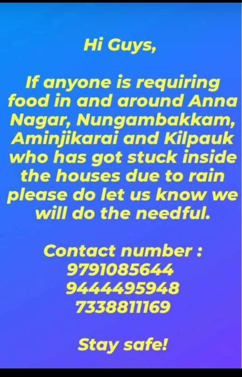 Have a look!!
Indeed of food near these places
Anna Nagar,Nungambakkam,Aminjikarai and Kilpauk

#chennaicyclone #ChennaiRain #ChennaiFloods