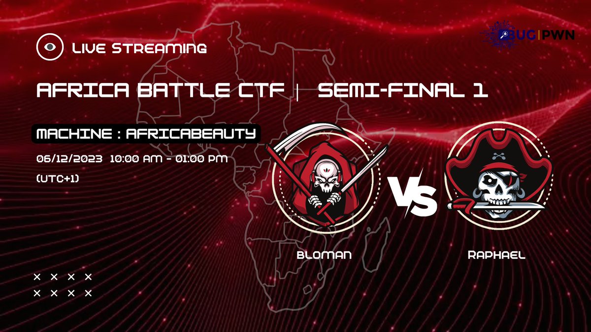 bug_pwn's tweet image. Africa battleCTF Semi-Final 1

bloman vs Raphael

Machine Name: AfricaBeauty

06/12/2023  10:00 AM - 01:00 PM (UTC+1)

🌐 bugpwn.com

#battleCTF #bugpwn #hacking #africa