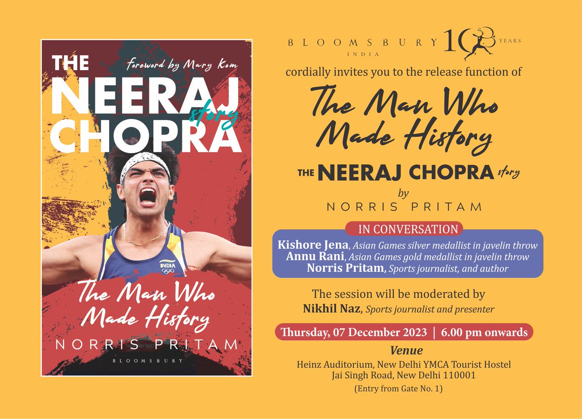 Bloomsbury India (@bloomsburyindia) on Twitter photo Join us for the book launch of 'The Man Who Made History: The #NeerajChopra Story' tomorrow 6 PM onwards at Heinz Auditorium, New Delhi YMCA Tourist Hostel where <a href="/pritamn/">NORRIS PRITAM</a> will be in conversation with <a href="/Kishore78473748/">Kishore Jena</a> and <a href="/Annu_Javelin/">Annu Rani</a>, moderated by <a href="/NikhilNaz/">Nikhil Naz</a>. Join us for the book launch of 'The Man Who Made History: The #NeerajChopra Story' tomorrow 6 PM onwards at Heinz Auditorium, New Delhi YMCA Tourist Hostel where <a href="/pritamn/">NORRIS PRITAM</a> will be in conversation with <a href="/Kishore78473748/">Kishore Jena</a> and <a href="/Annu_Javelin/">Annu Rani</a>, moderated by <a href="/NikhilNaz/">Nikhil Naz</a>.