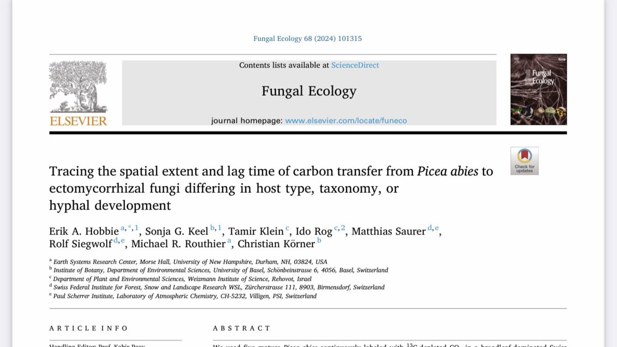 Just published: Tracing the spatial extent and lag time of carbon transfer from Picea abies to ectomycorrhizal fungi differing in host type, taxonomy, or hyphal development

authors.elsevier.com/c/1iCfm6ExPykq…