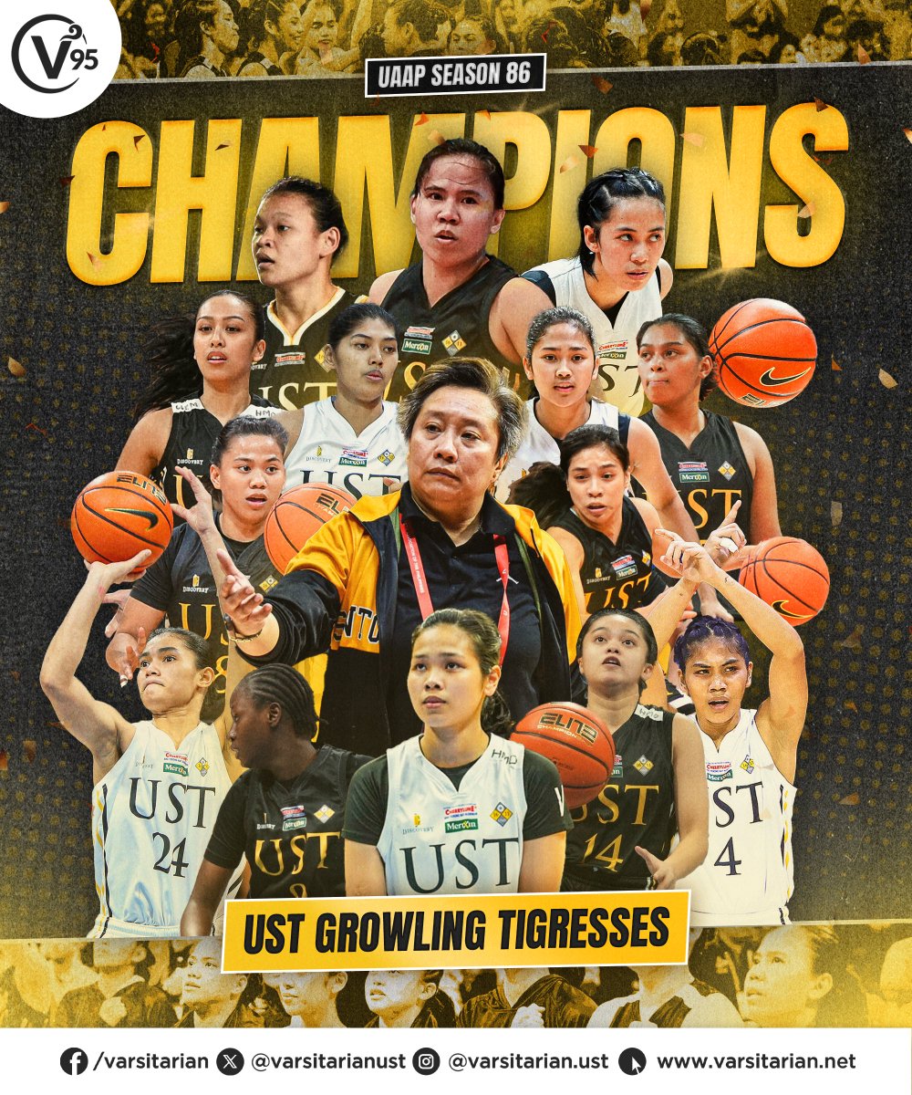 varsitarianust's tweet photo. STREAK BUSTERS. GIANT SLAYERS. WOMEN'S BASKETBALL CHAMPIONS 🐯🏆

The UST Growling Tigresses put an end to the NU Lady Bulldogs' seven-year reign in UAAP women's basketball and capture their first championship since 2006. #GoUSTe https://t.co/5T5751mhEA