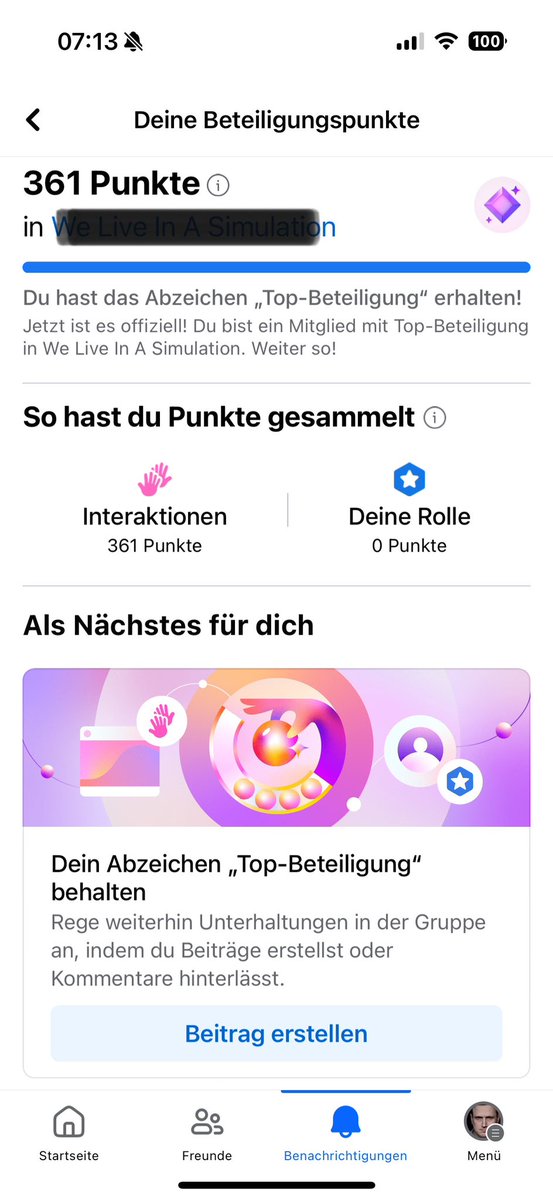 Nichts sagt “Du hast Deine Zeit verschwendet” so euphemistisch wie das “Top-Beteiligung” Abzeichen auf Facebook.

Zu meiner Verteidigung möchte ich sagen, dass hier seit Freitag alle krank waren und Facebook eine willkommene Abwechslung zu “Hatschi”, “Schnief” und “Hust” war.