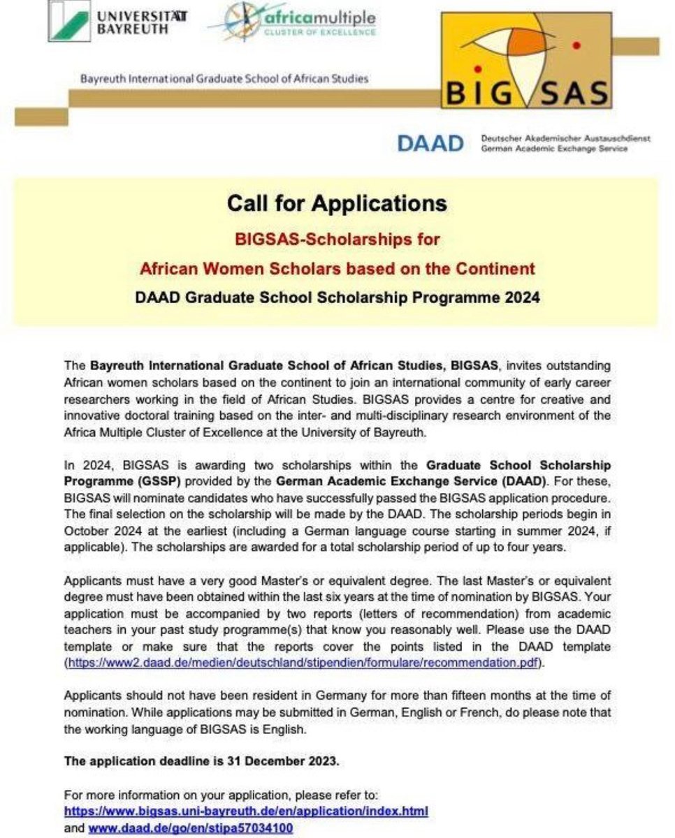 opportunitiesfy's tweet photo. ๐ The University of Bayreuth International Graduate School of African Studies (BIGSAS) has some fantastic opportunities for 2024!
๐
Deadline is December 31, 2023.
๐ Apply now: https://t.co/tiSYnTuCQA
#Scholarships #BIGSAS #opportunity #Africa #AfricanStudies #DAAD https://t.co/KAeiknuzl1