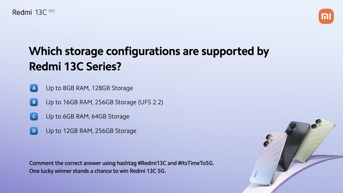 RedmiIndia's tweet image. Are you ready for the #Question1?

Comment your answer using the hashtags #Redmi13C and #ItsTimeTo5G. Answer all 5 questions and stand a chance to WIN the all-new #Redmi13C 5G.