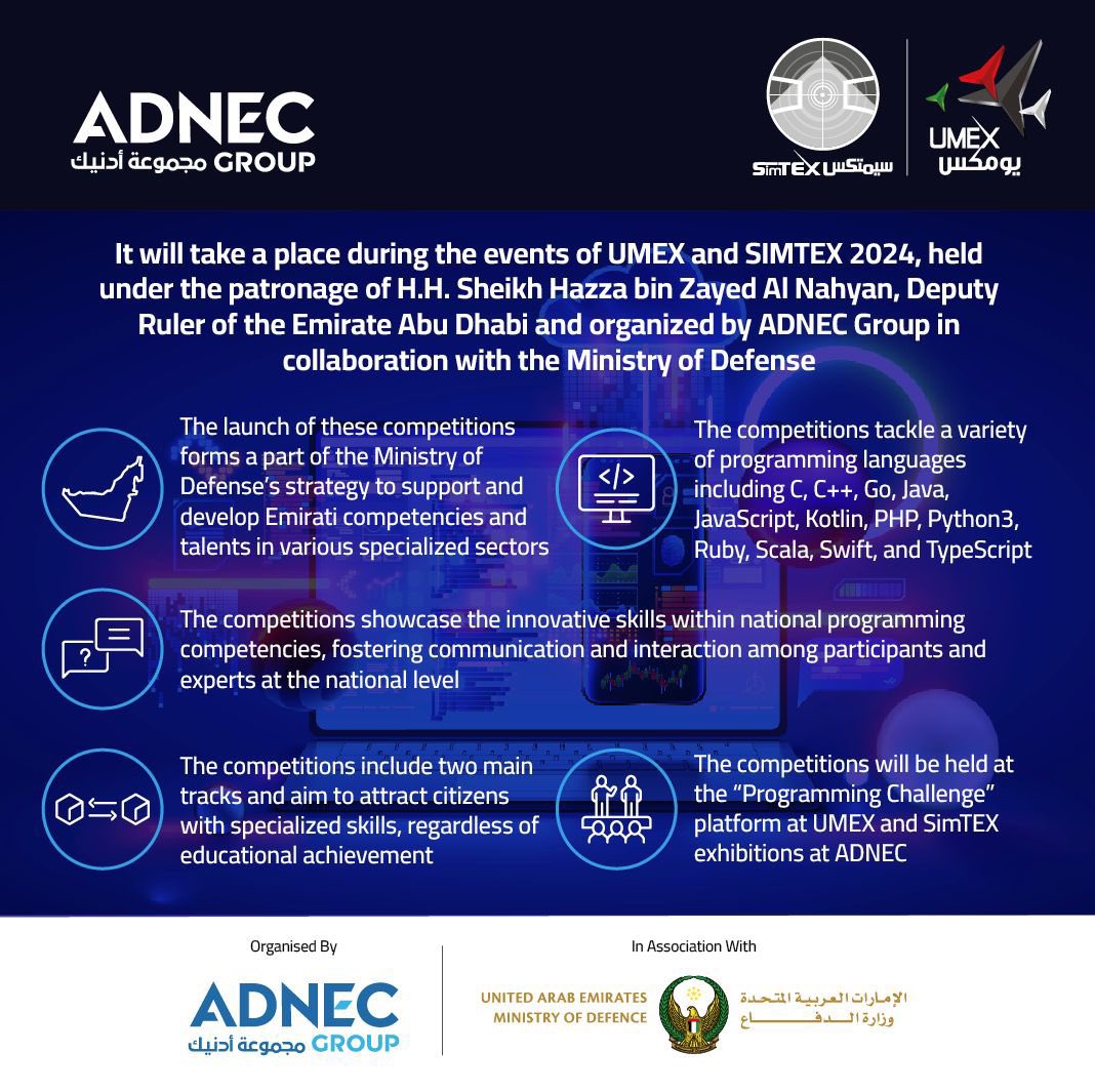 aljundijournal's tweet image. The Higher Organizing Committee of the Unmanned Systems Exhibitions (#UMEX 2024) and the Simulation and Training Exhibitions (#SimTEX 2024) has announced the launch of the "Coding Challenge" competition
targeting national competencies specialized in programming sectors during the