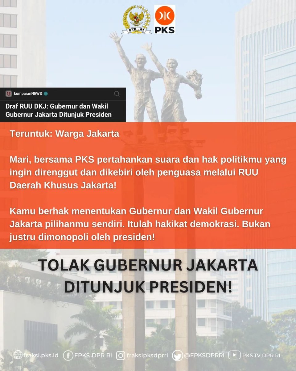 Pesan Terbuka untuk Rakyat Jakarta:

"Mari, selamatkan demokrasi di Jakarta. Selamatkan suara dan hak politik kita bersama. Tolak penunjukan gubernur-wakil gubernur Jakarta oleh presiden karena itu adalah hak rakyat Jakarta".

#fraksipksdprri
#PKSpembelaRakyat
#PKSnomor8