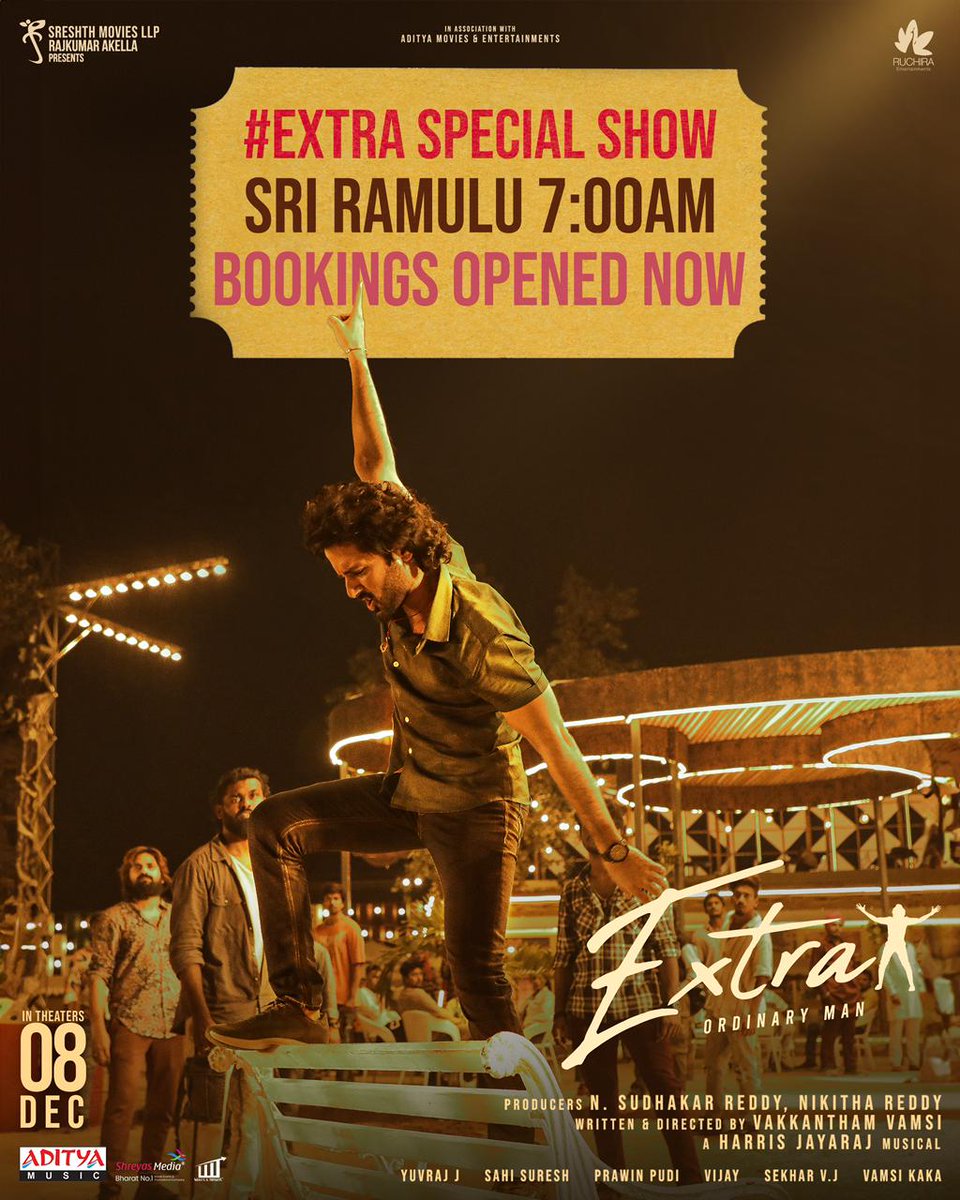 #EXTRA special show at SRI RAMULU, 
7:00AM 💥

Bookings Opened Now 🎟️
linktr.ee/ExtraOrdinaryM…

#ExtraOrdinaryMan 
#ExtraOrdinaryManOnDec8th 

@actor_nithiin @ActorRajasekhar @sreeleela14 @vamsivakkantham @Jharrisjayaraj #SudhakarReddy #NikhithaReddy @SreshthMovies